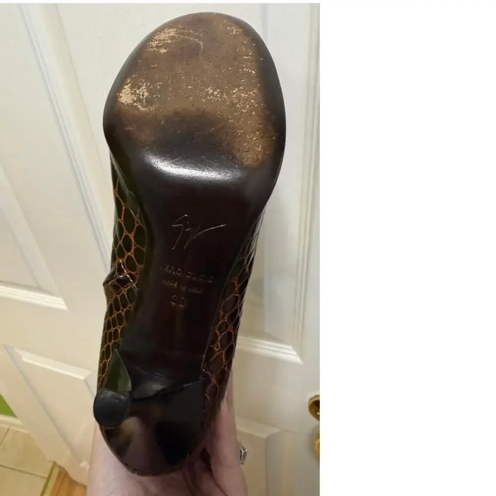 Giuseppe‎ Zanotti Croc Embossed Leather Bootie Boots Brown Italian Size 39 Heel